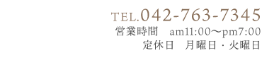 TEL.042-763-7345　営業時間 am11:00～pm7:00　定休日　月曜日・火曜日