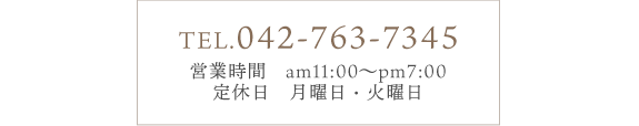 TEL.042-763-7345　営業時間 am11:00～pm7:00　定休日 月曜日・火曜日